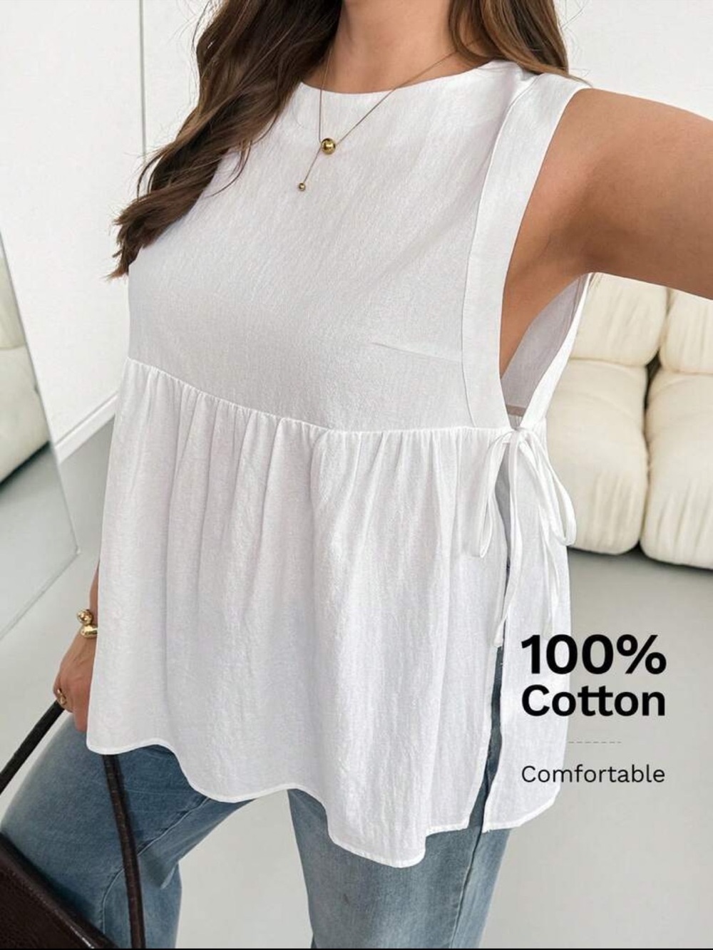 Classic Plus Size White Cotton Slit Tie Side Sleeveless Top Blouse Shirt White